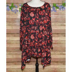 Roaman's Black Red Floral Asymmetric Hem Tunic Blouse Top Plus Size 3X Romantic